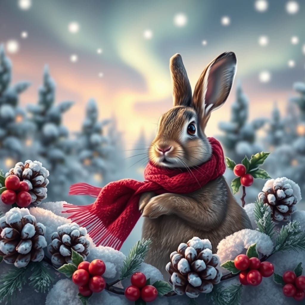 Winter Wonderland Rabbit in Crimson Scarf