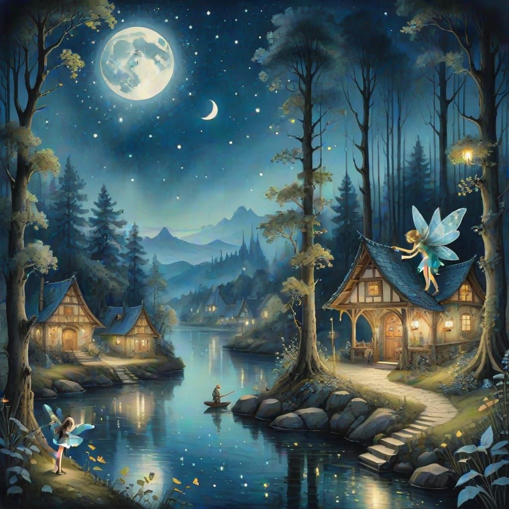 Whimsical Firefly Fairies Dance Under Moonlit Forest Skies i...