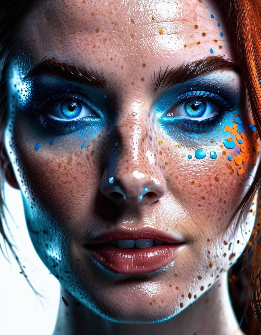 Hyperrealistic Portrait in Vibrant Colors with Ink Splatters