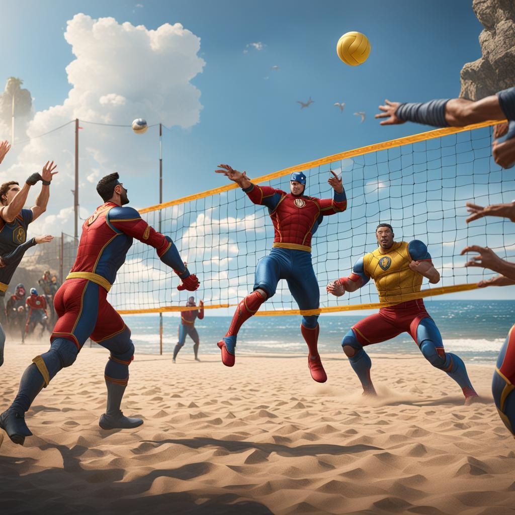Superheroes in Vibrant Beachside Volleyball Scene