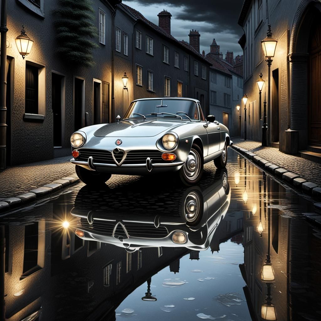 Midnight Alfa Romeo Spider in Cobblestone City