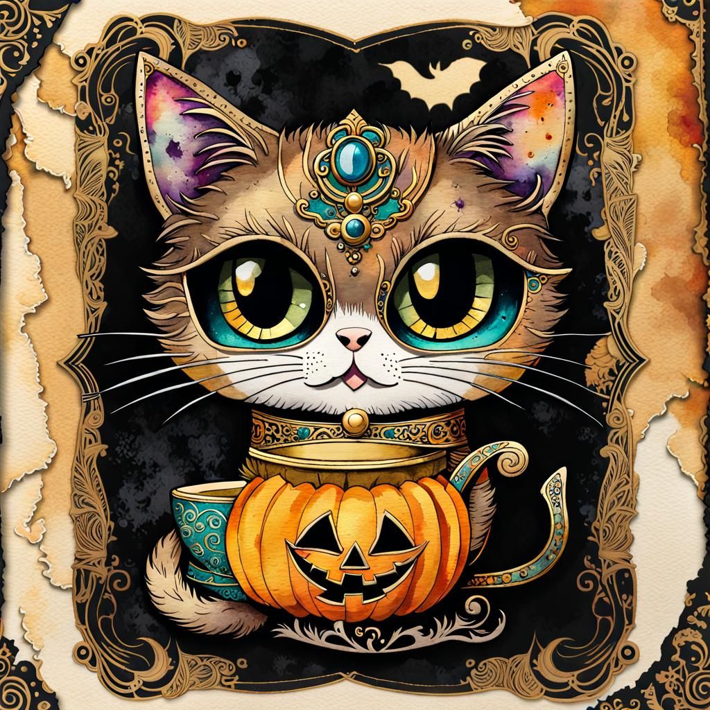 Whimsical Halloween Feline in Vintage Watercolor