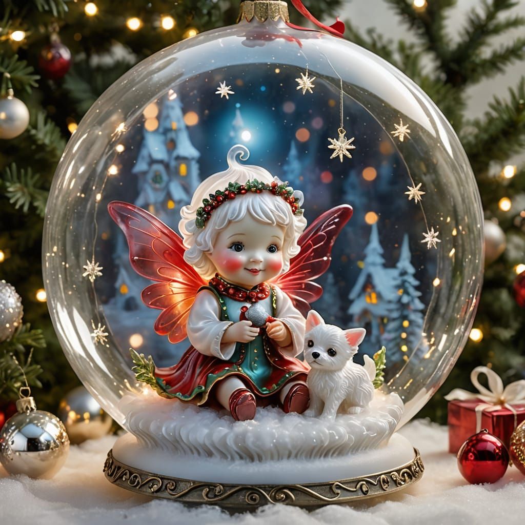 Glass Christmas Fairy Plays with Puppy in Whimsical Wonderla...