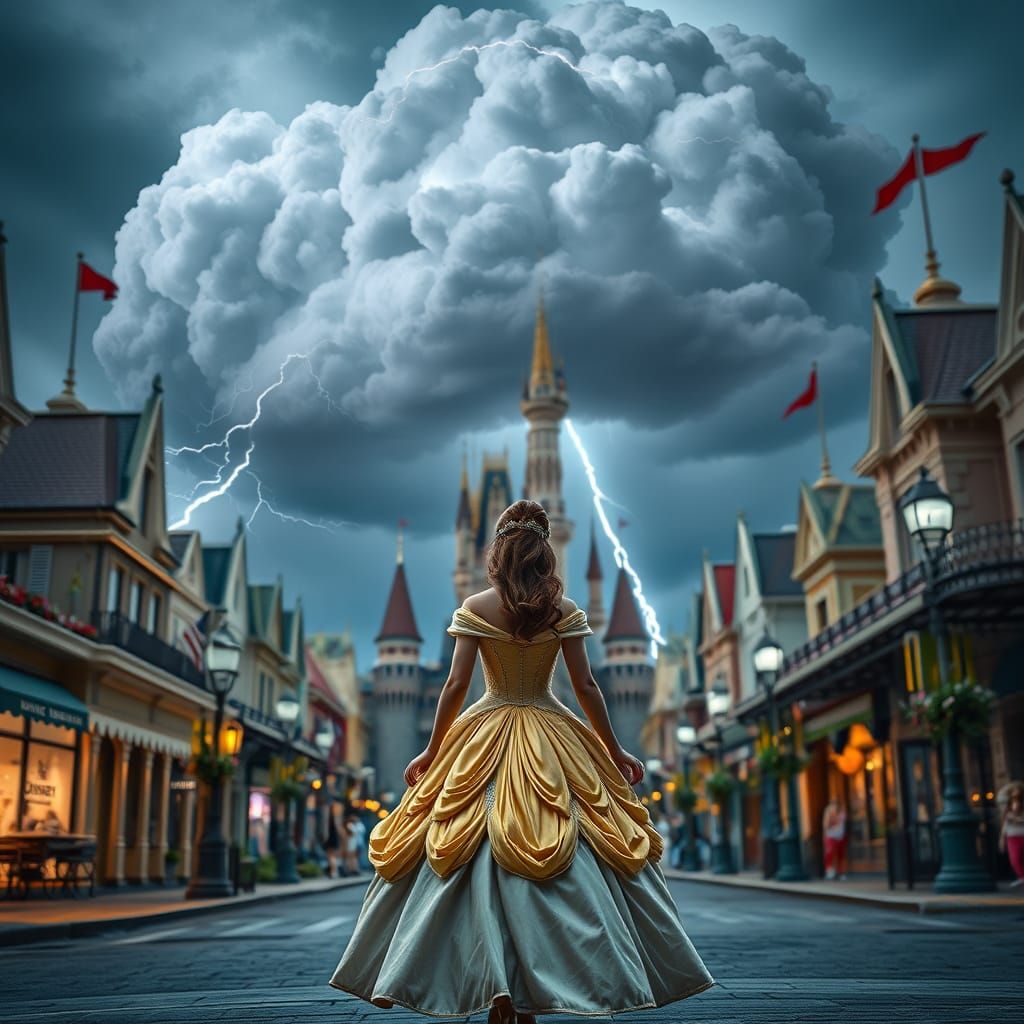 Belle in Disneyland During Thunderstorm, Photorealistic Art