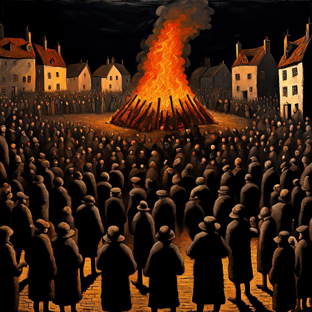 Sinister Villagers Gather Around Surreal Bonfire in Oil Pain...