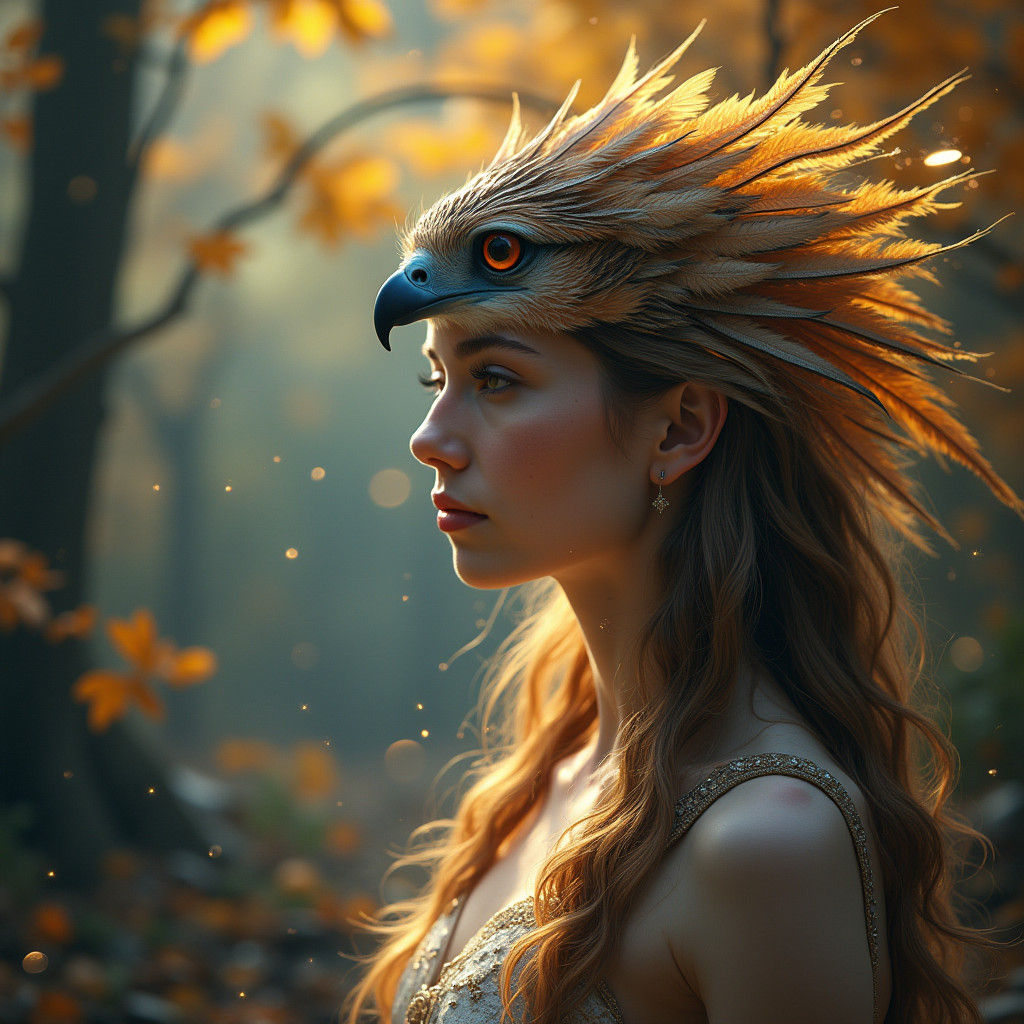 Ethereal Young Woman in Whimsical Headdress, Surrounded by a...