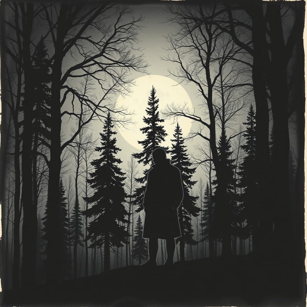 Contemplative Figure in Moonlit Forest