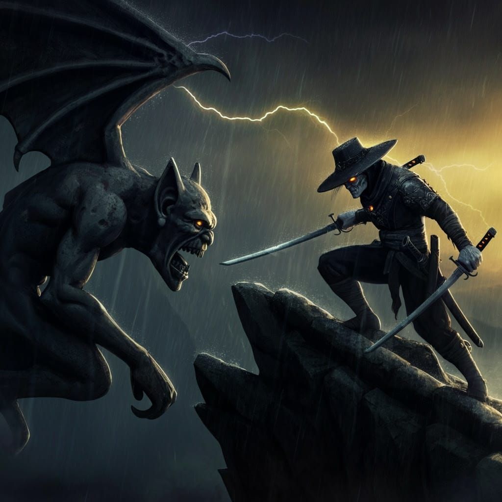 Dark Fantasy Warrior Battles Gargoyle on Stormy Mountain Pea...