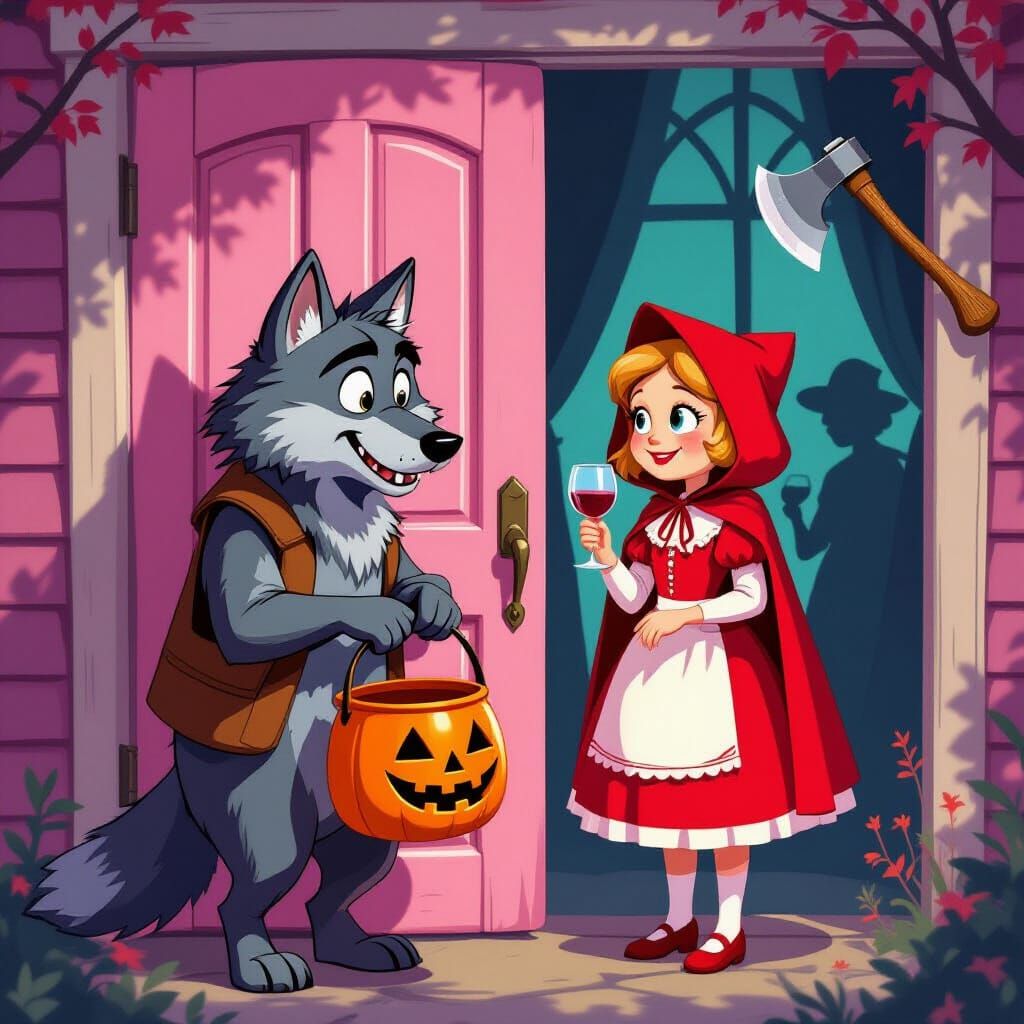 Big Bad Wolf at Pastel Door with Red Riding Hood