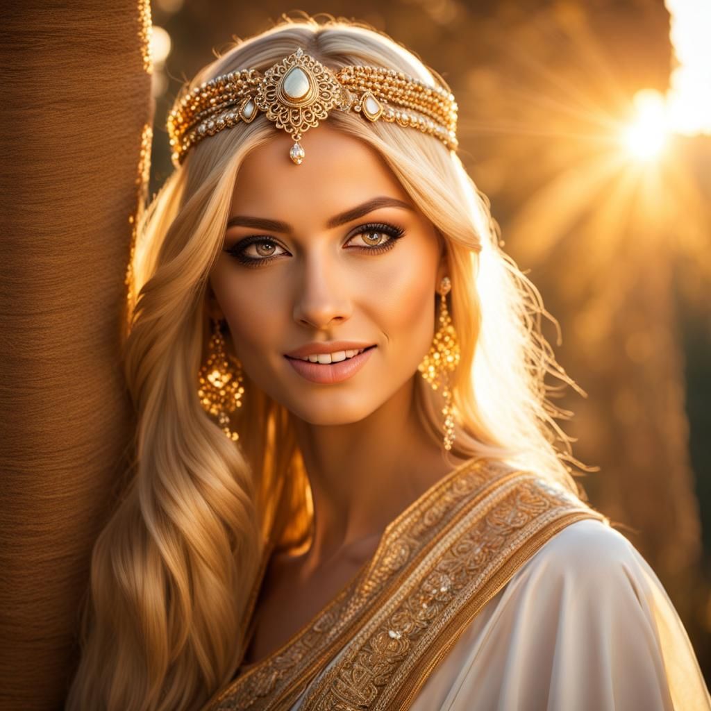 Elegant Goddess Embracing Interconnectedness in Warm Sunligh...