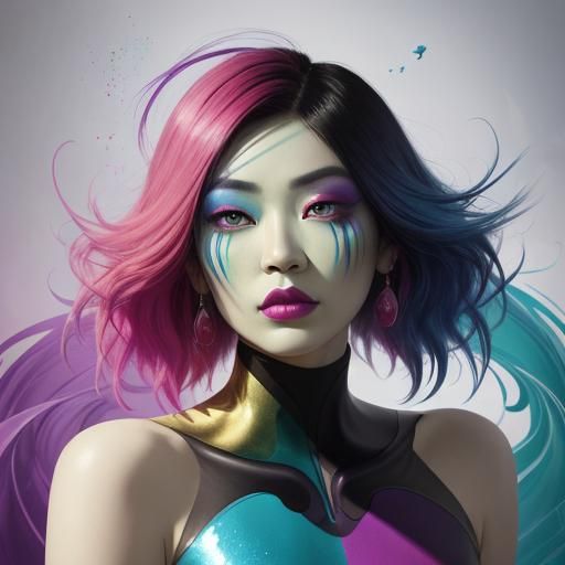 Dreamlike Asian Woman in Vibrant Abstract Expressionism