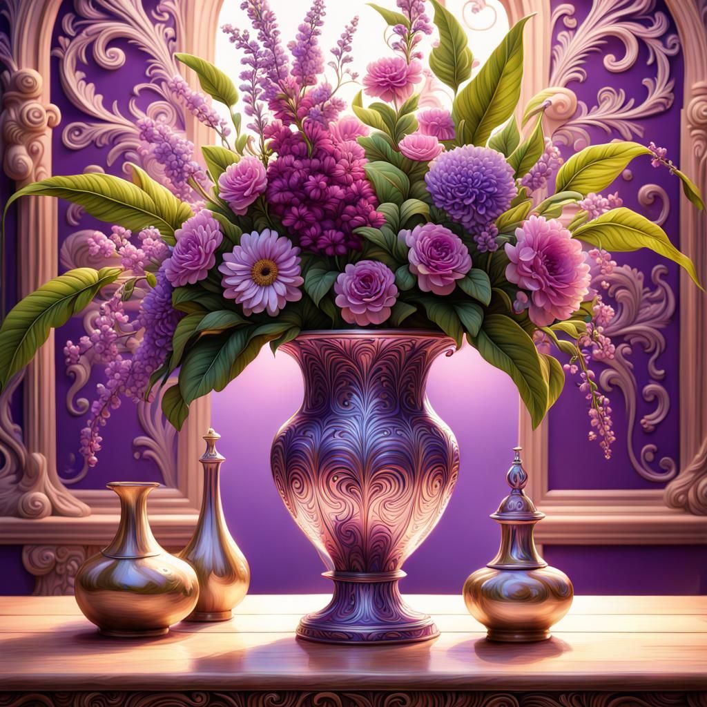 Surreal Vase Filled with Lush Purple Blooms in an Ornate Set...