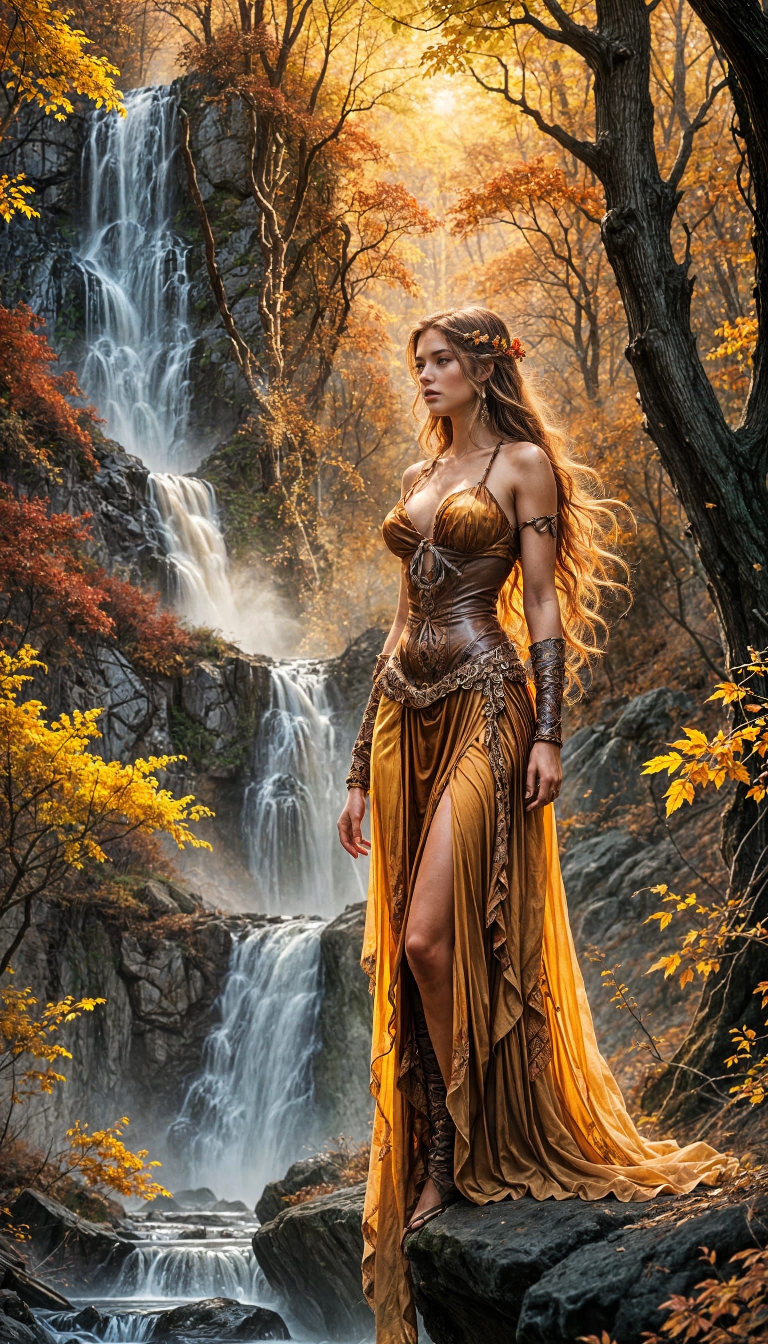 Autumn Waterfall in Forest Valley with Sunset Light