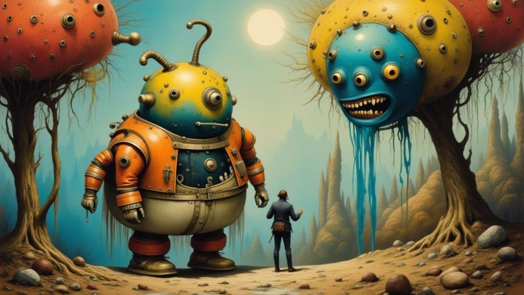 Robot Versus Mad Scientists in Surrealist Style