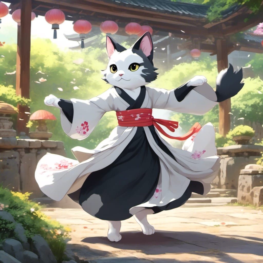 Anime-Style Felyne in Traditional Japanese Attire Dances wit...