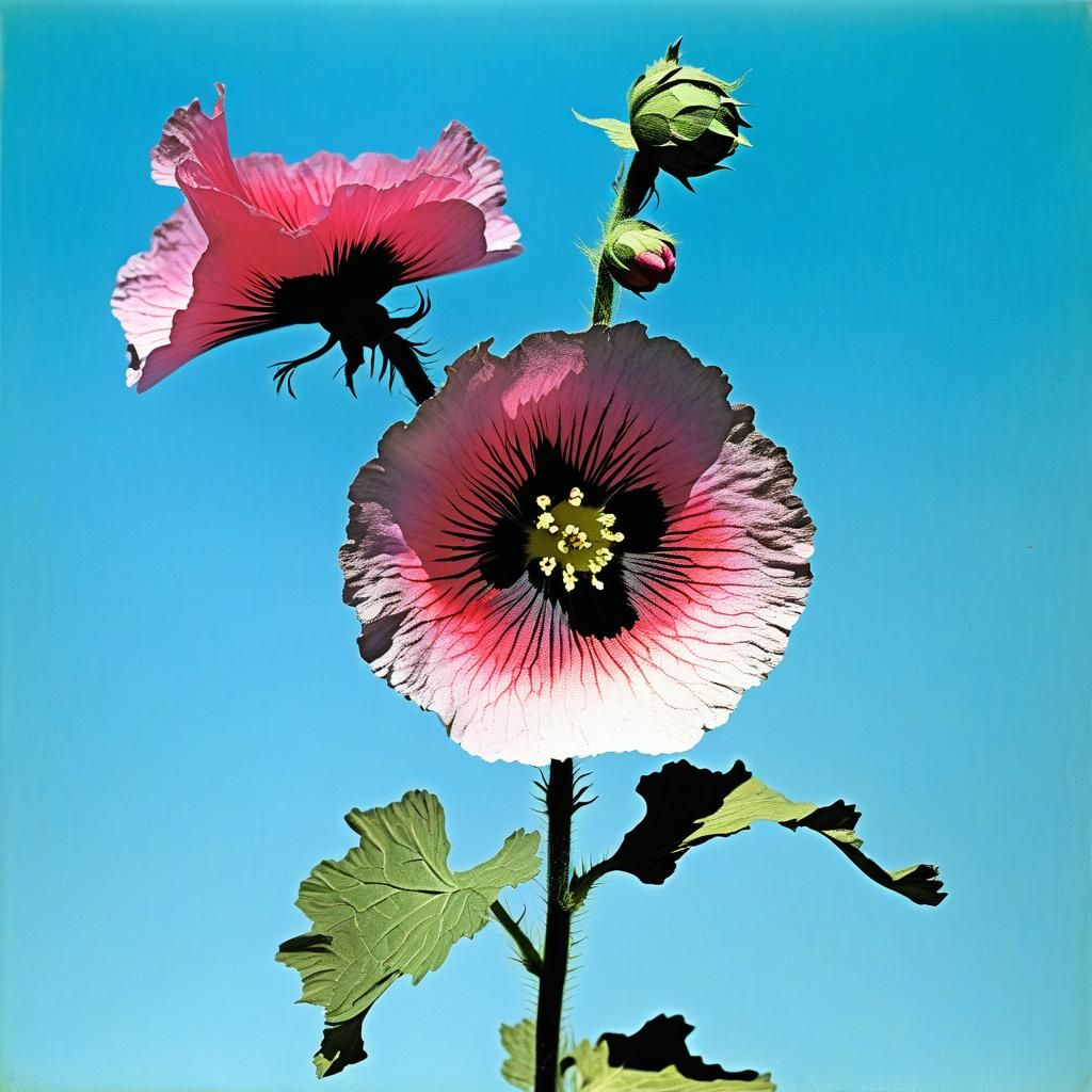 Delicate Hollyhock Blossom in Etching Style