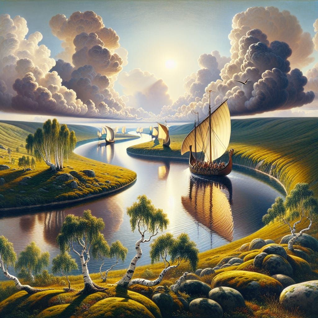 Romantic Nordic Vessel Glides Across Sunlit River in Oil Pai...