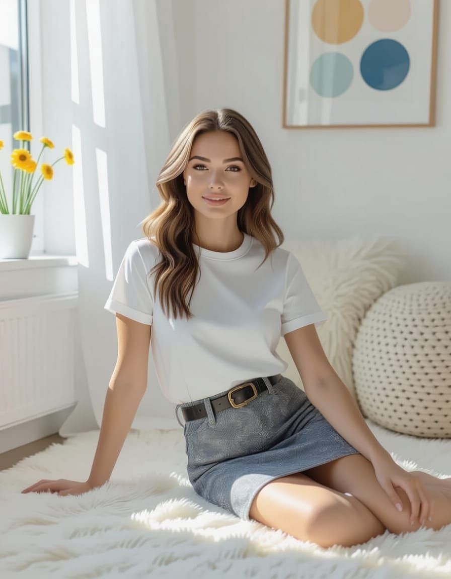 Young Woman Relaxing on Rug in Bright, Airy Room