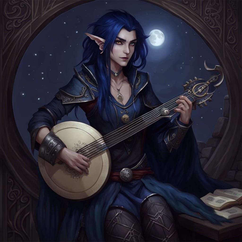 Moon Elf Lute Player in Cozy Dark Tavern