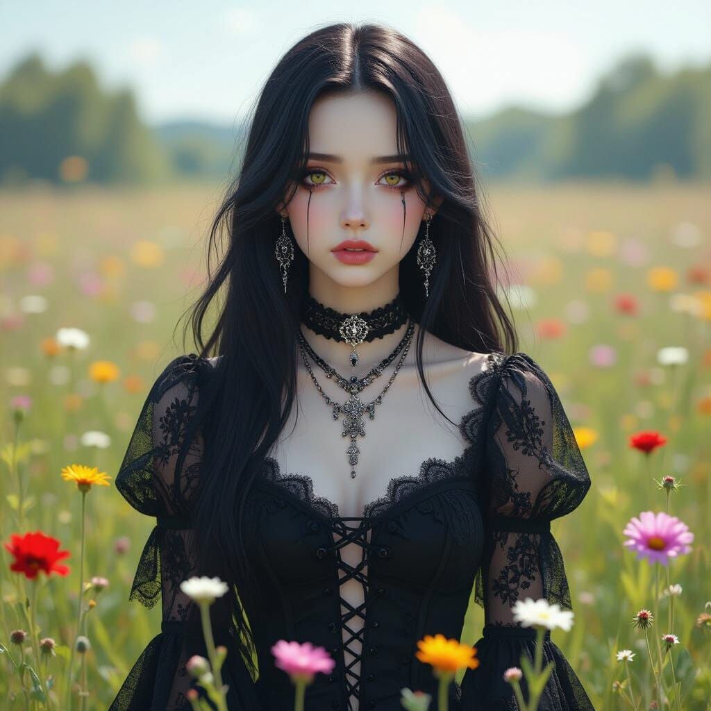 Melancholic Goth Girl in a Sunny Meadow
