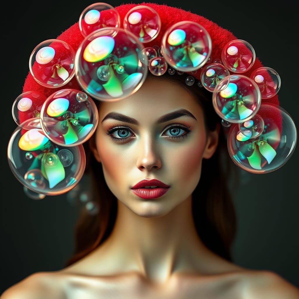 Woman in Red Foam Hat with Iridescent Bubbles