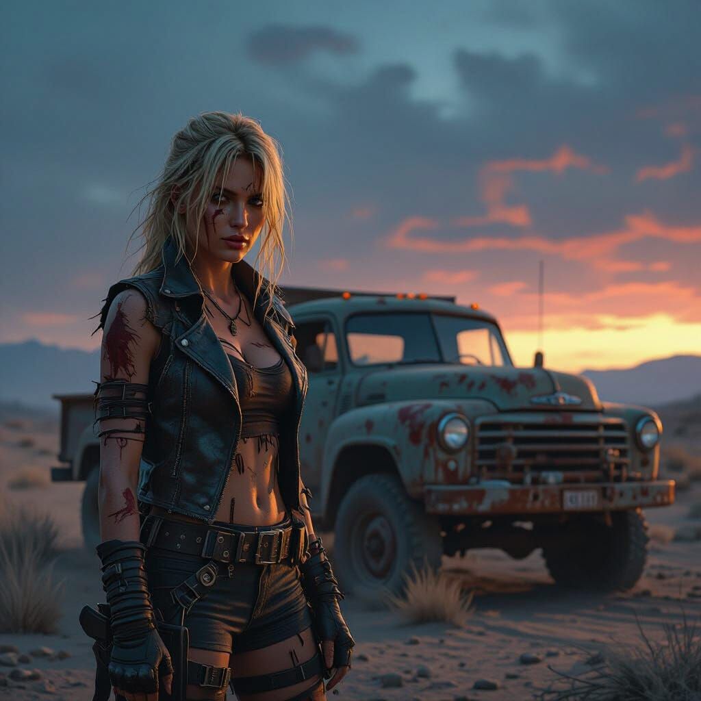 Apocalyptic Survivor Poses With Truck in Gritty Landscape