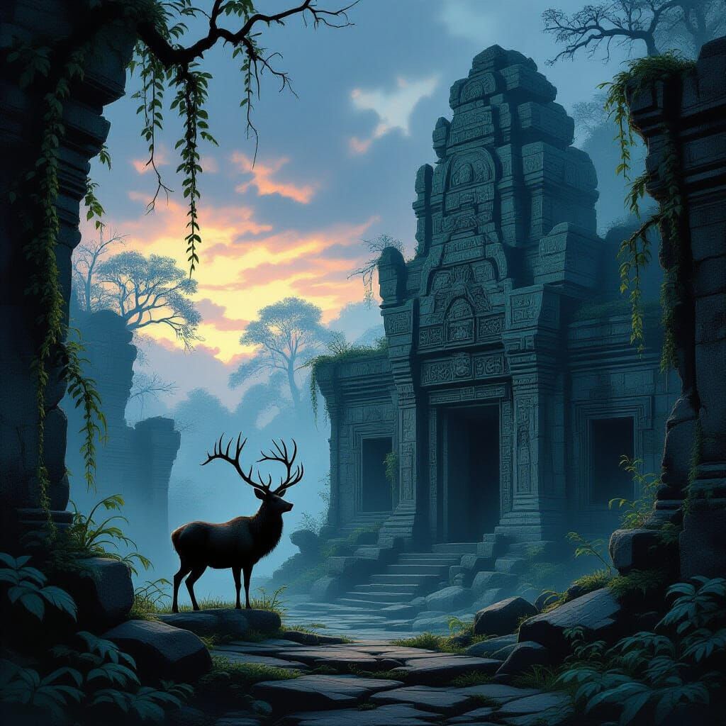 Solitary Stag at Ruined Temple in Twilight Glow