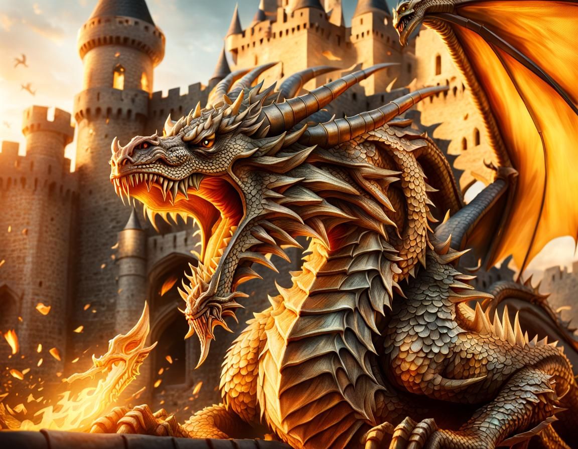 Surreal Dragon Confronts Castle in Golden Hour Brilliance