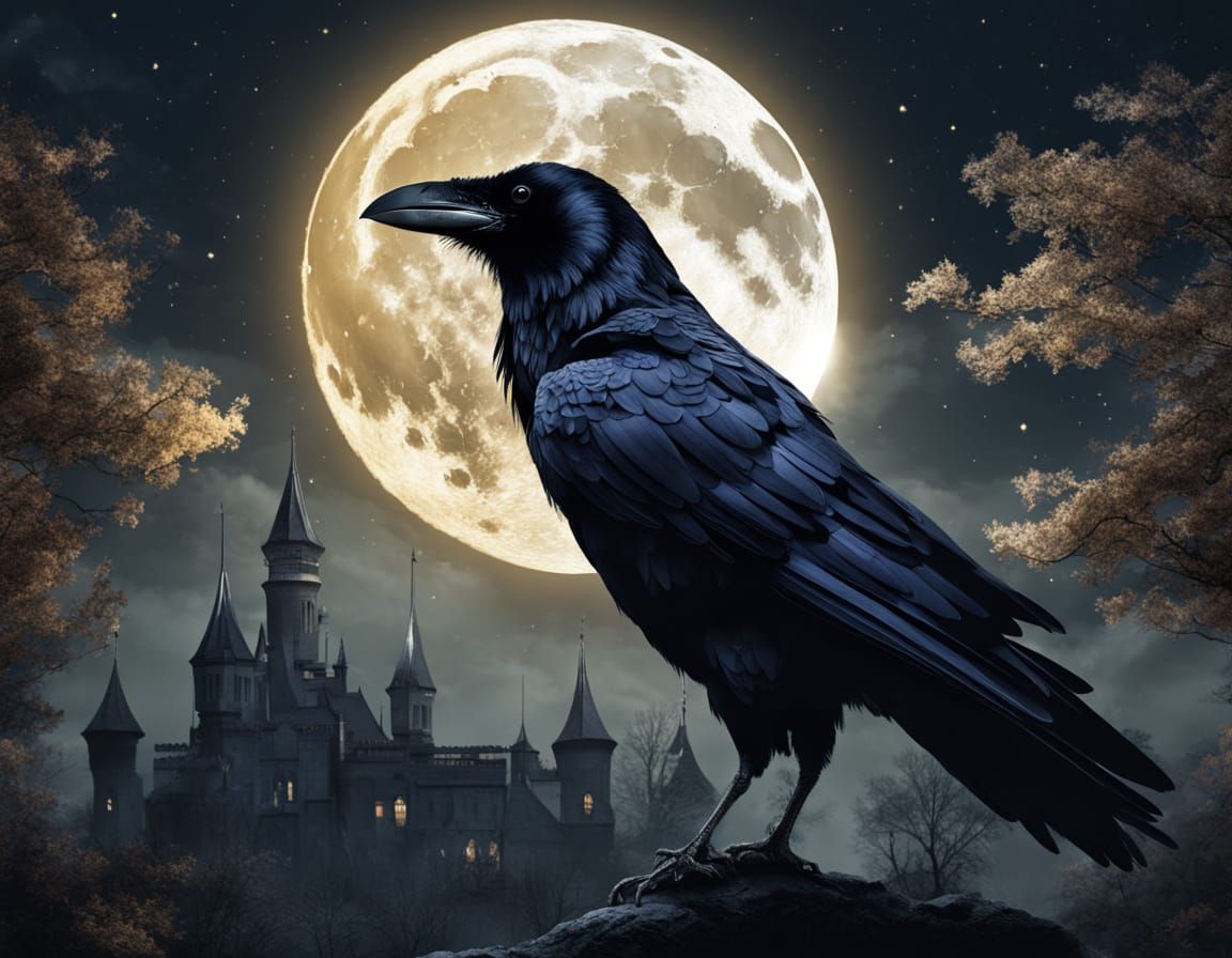 Art Nouveau Raven Before Gothic Castle Under Moon
