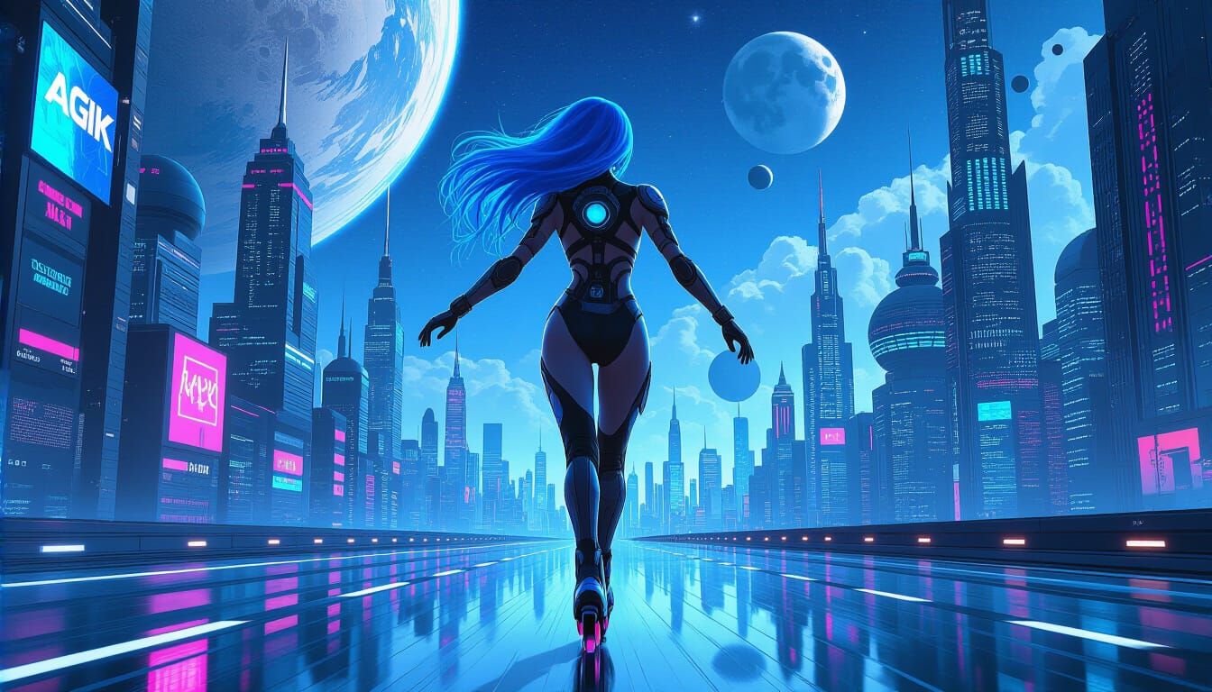 Alien Woman Rollerblading in Cyberpunk City