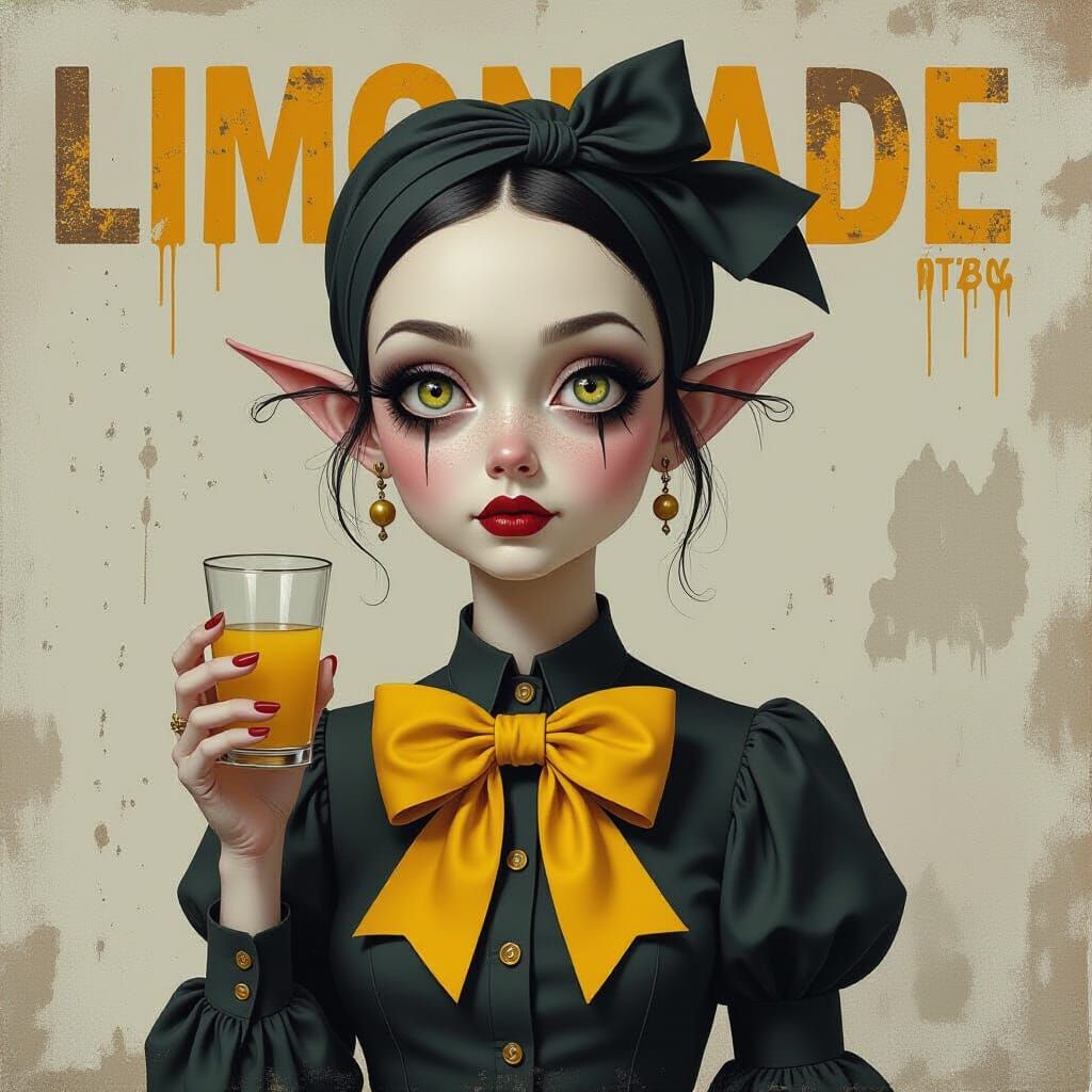 Eerie Grayscale Character with Yellow Bow and Typography