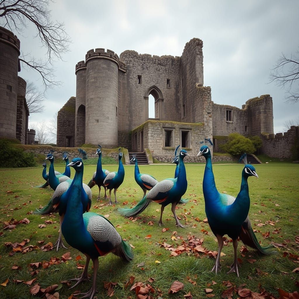 Peacocks in Ancient Ruin Castle Gardens