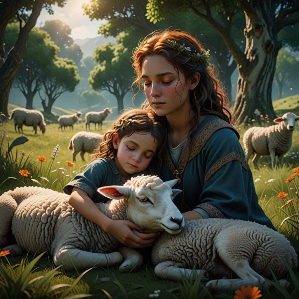 Child and Lamb Sleeping in Meadow: Fantasy Art