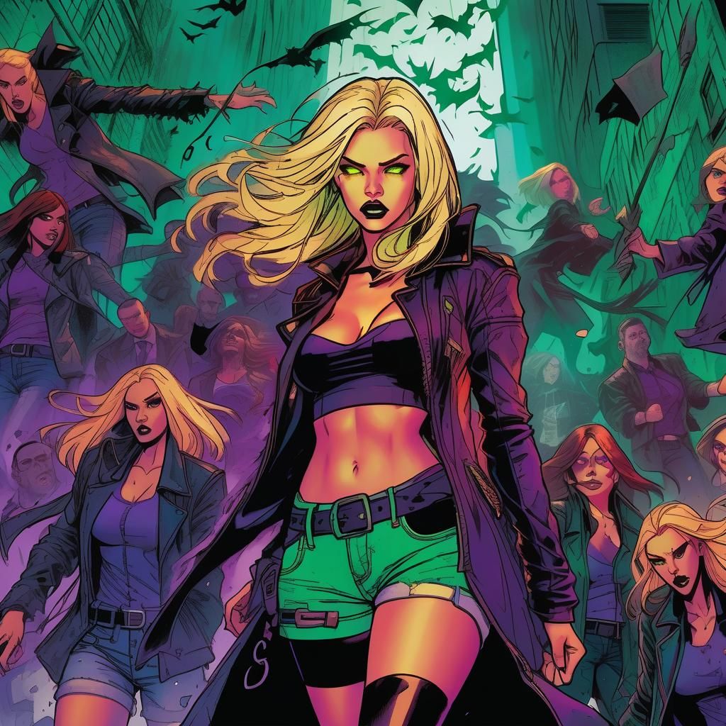 Girl Surrounded by Witches in Comic Book Style