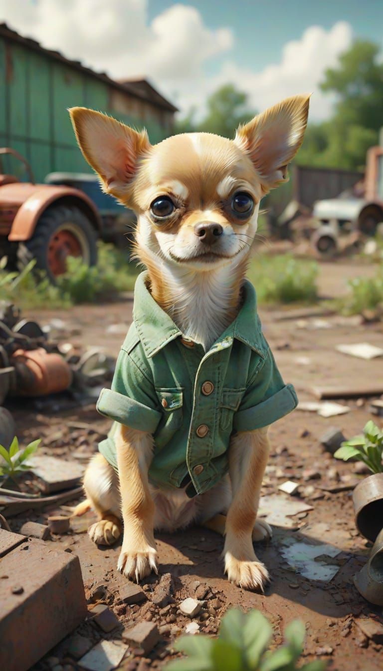 Whimsical Chihuahua in Junkyard Wonderland