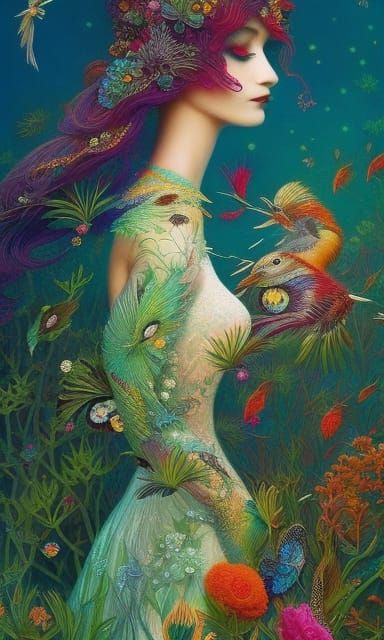 Woman in Vibrant Lace Lizards Dress Dances in a Fantastical....