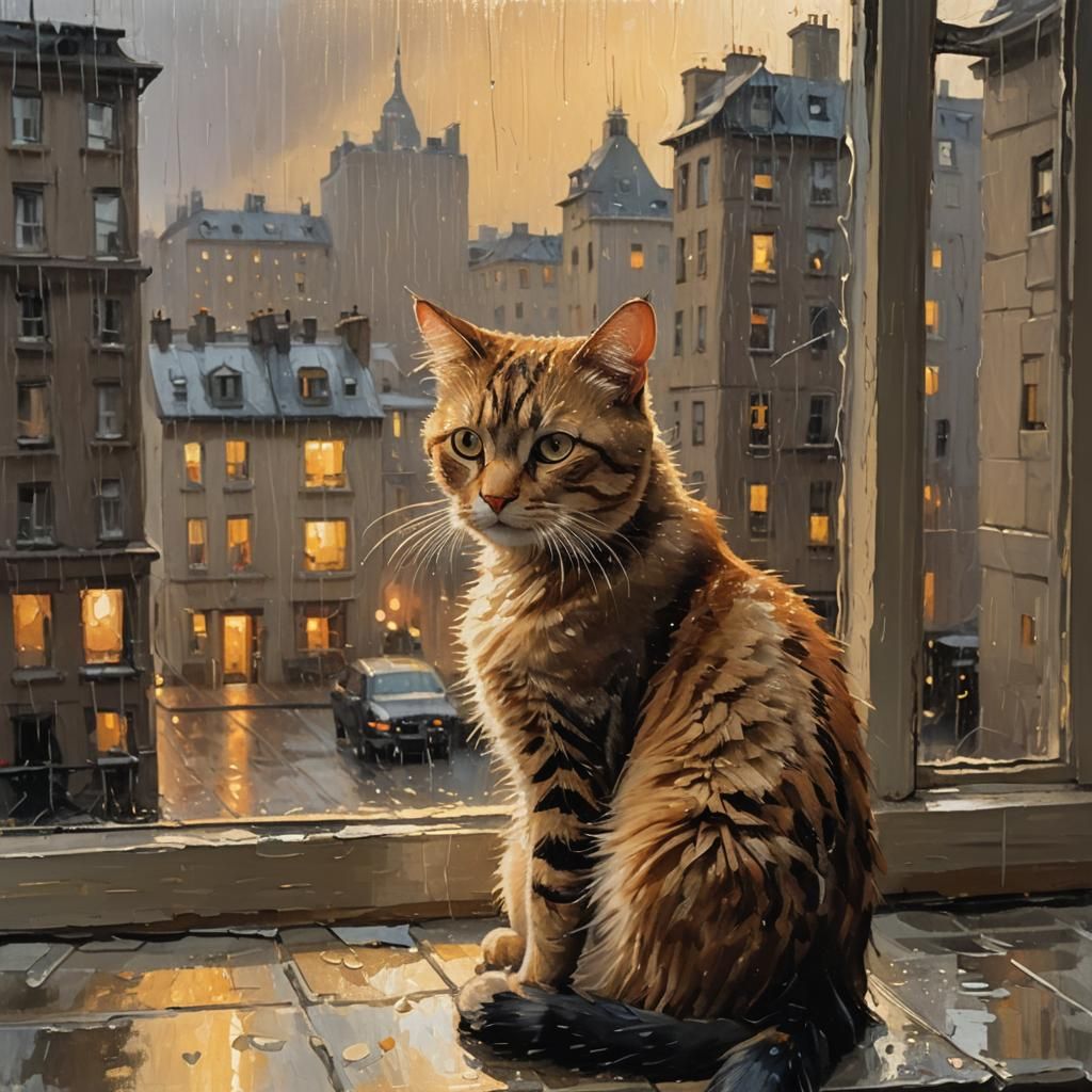 Impressionist Cat Contemplating Rainy Cityscape
