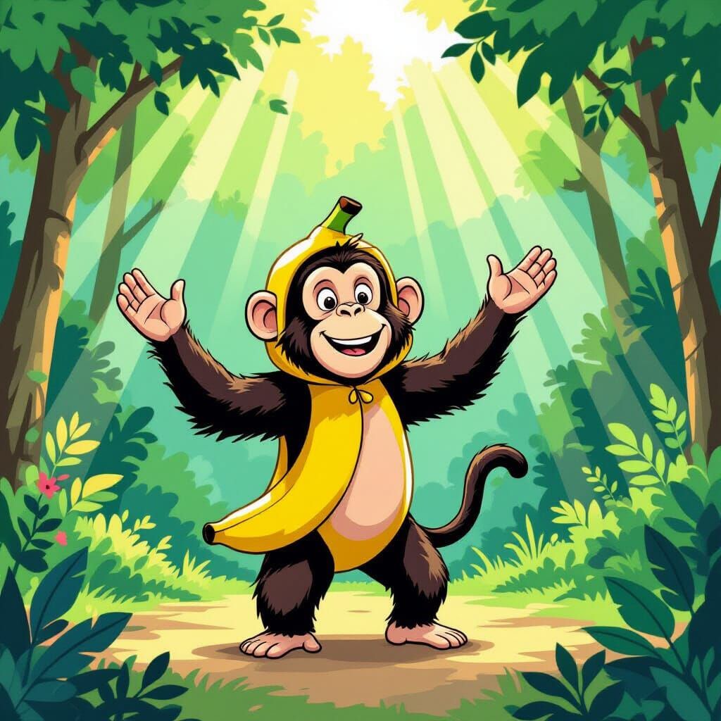 Chimpanzee Dancing in Banana Costume in Rainforest