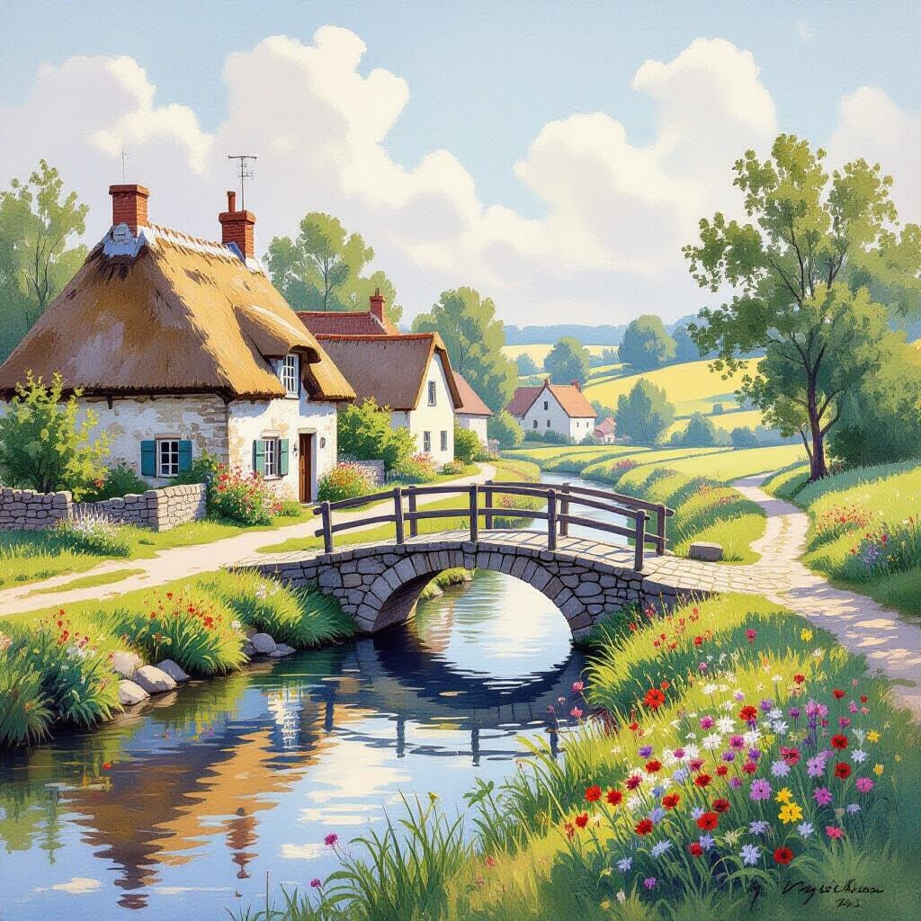 Idyllic Riverside Village in Watercolor Style