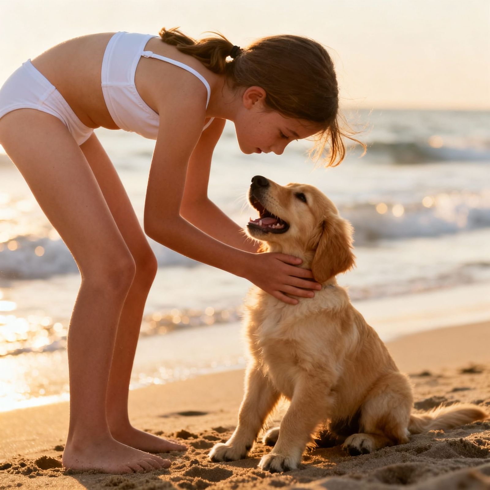 Girl Pats Golden Retriever on Beach at Golden Hour