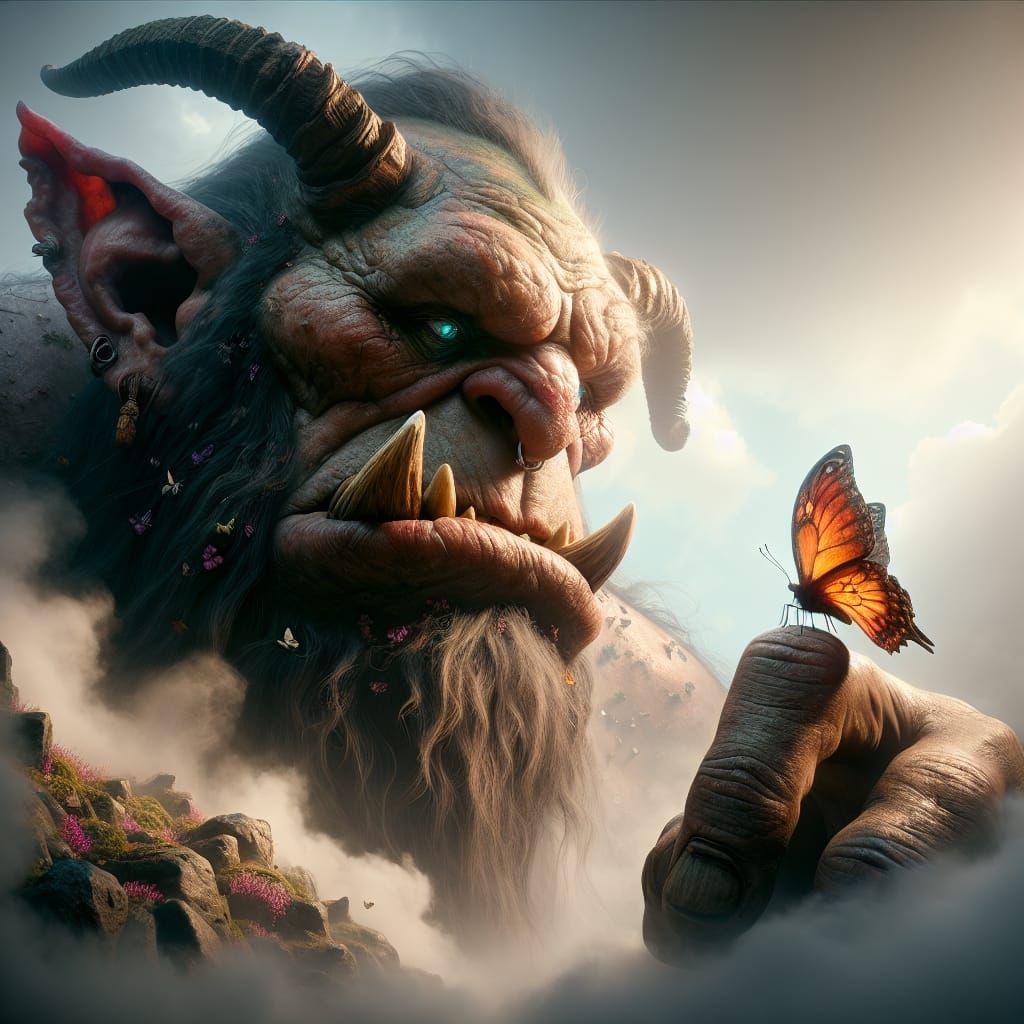 Grumpy Fantasy Troll with Butterfly in High Resolution