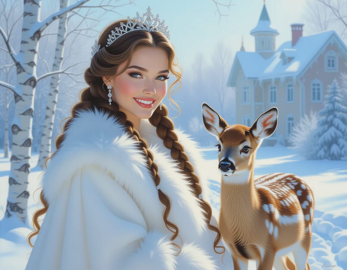 Elegant Woman and Fawn in Snowy Village Portrait