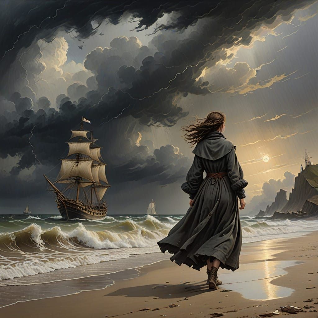 Young Woman Walks Alone on Stormy Beach with Stranded Galleo...