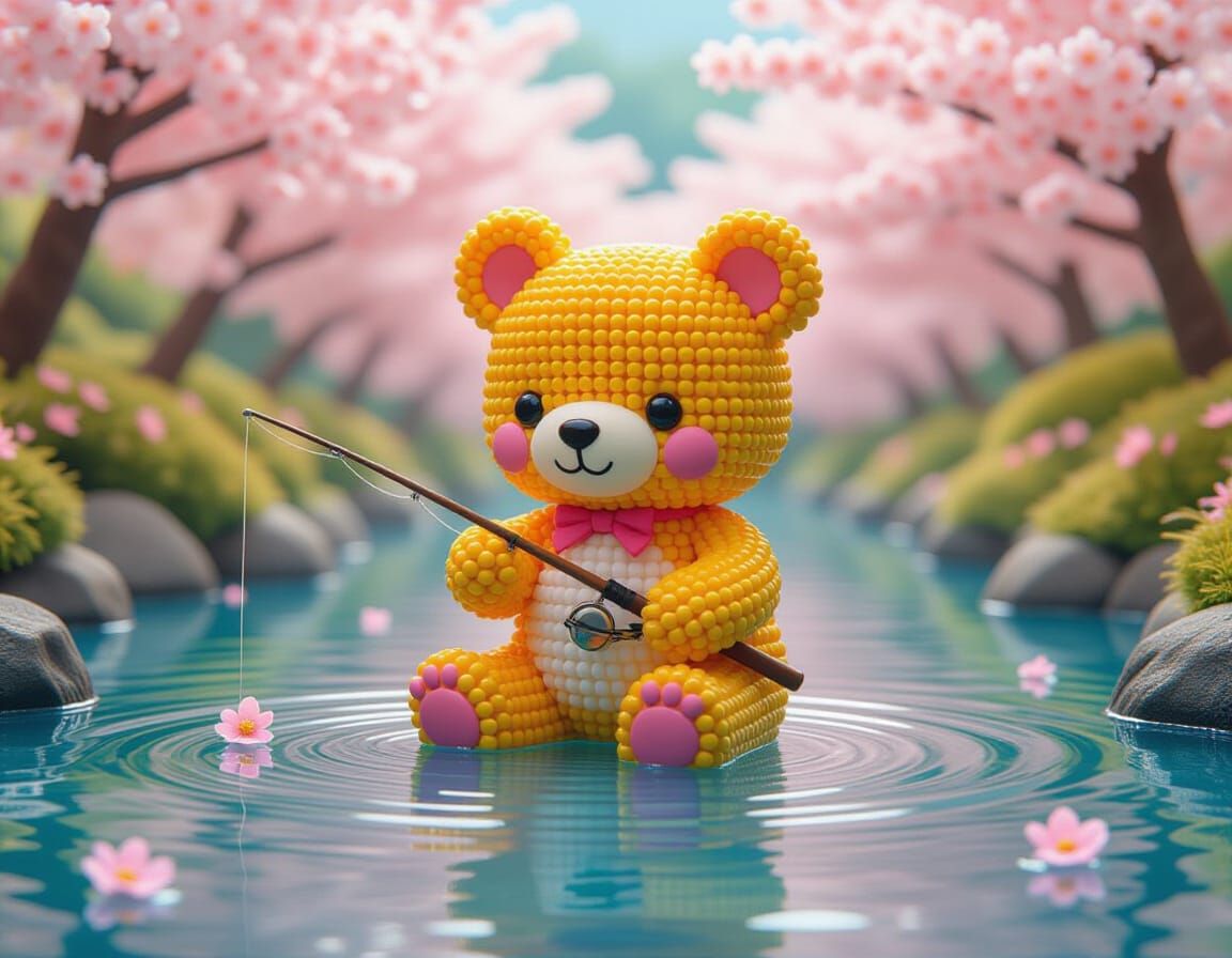 Colorful Beaded Bear Fishing in Kawaii Japanese Lake