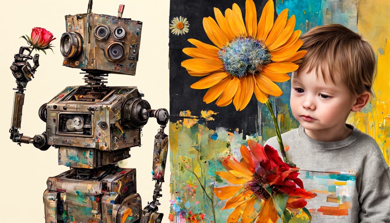 Child Offers Flower to Scrap Robot in Mixed Media Collage