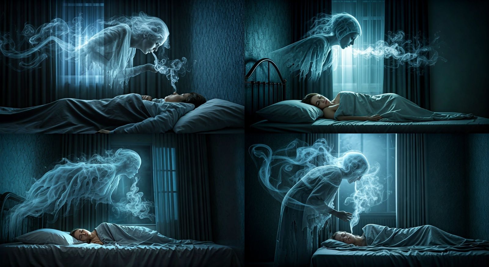 Ethereal Spirit Watches Over Sleeping Woman in Moonlit Bedro...