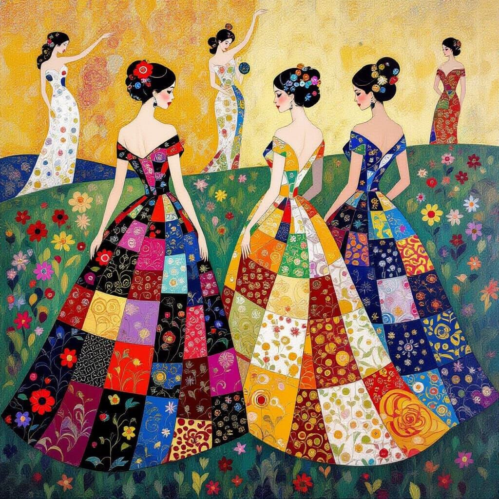 Women in Fabric Dresses, Art Nouveau Style