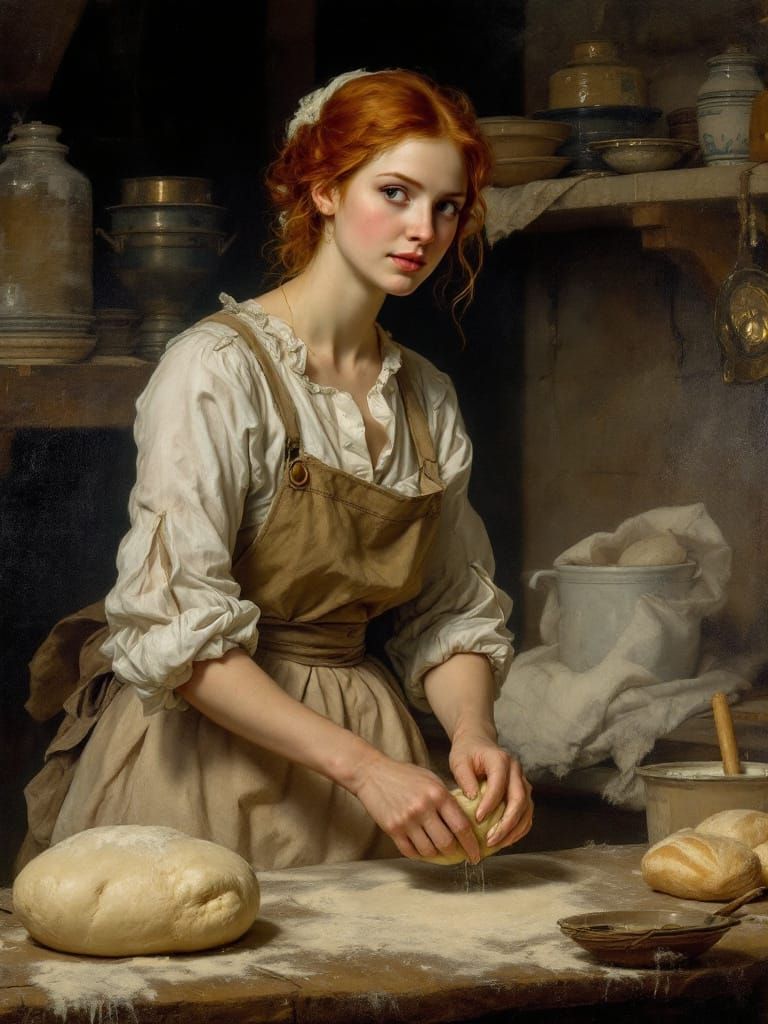 Redhead Baker Kneading Dough in Luminous Dutch Golden Age St...