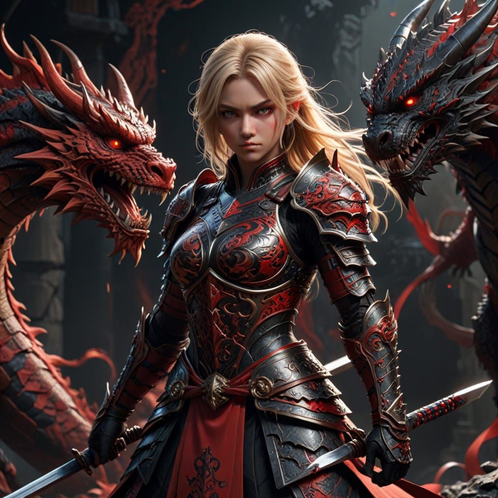 Epic Fantasy Warrior in Vibrant Red and Black Armor