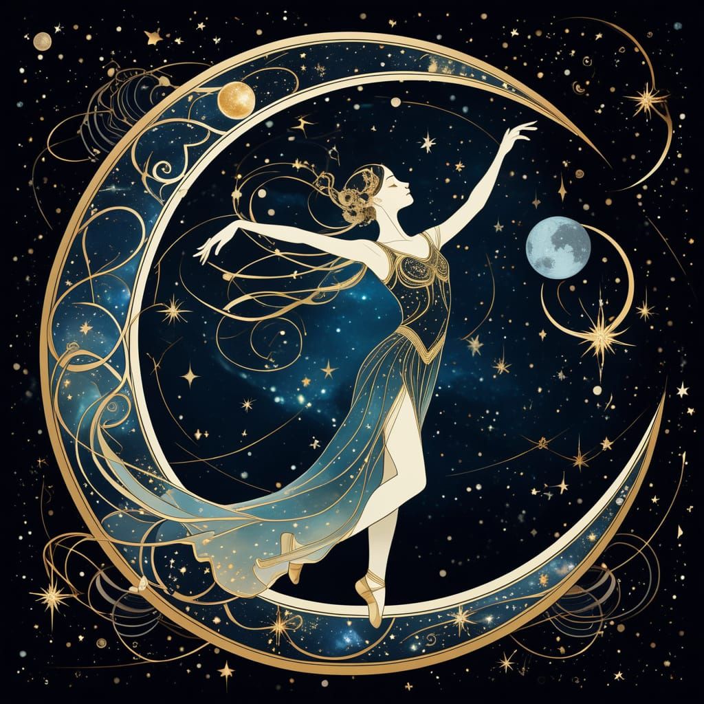 Celestial Dancer on Moon in Art Nouveau Cosmic Style